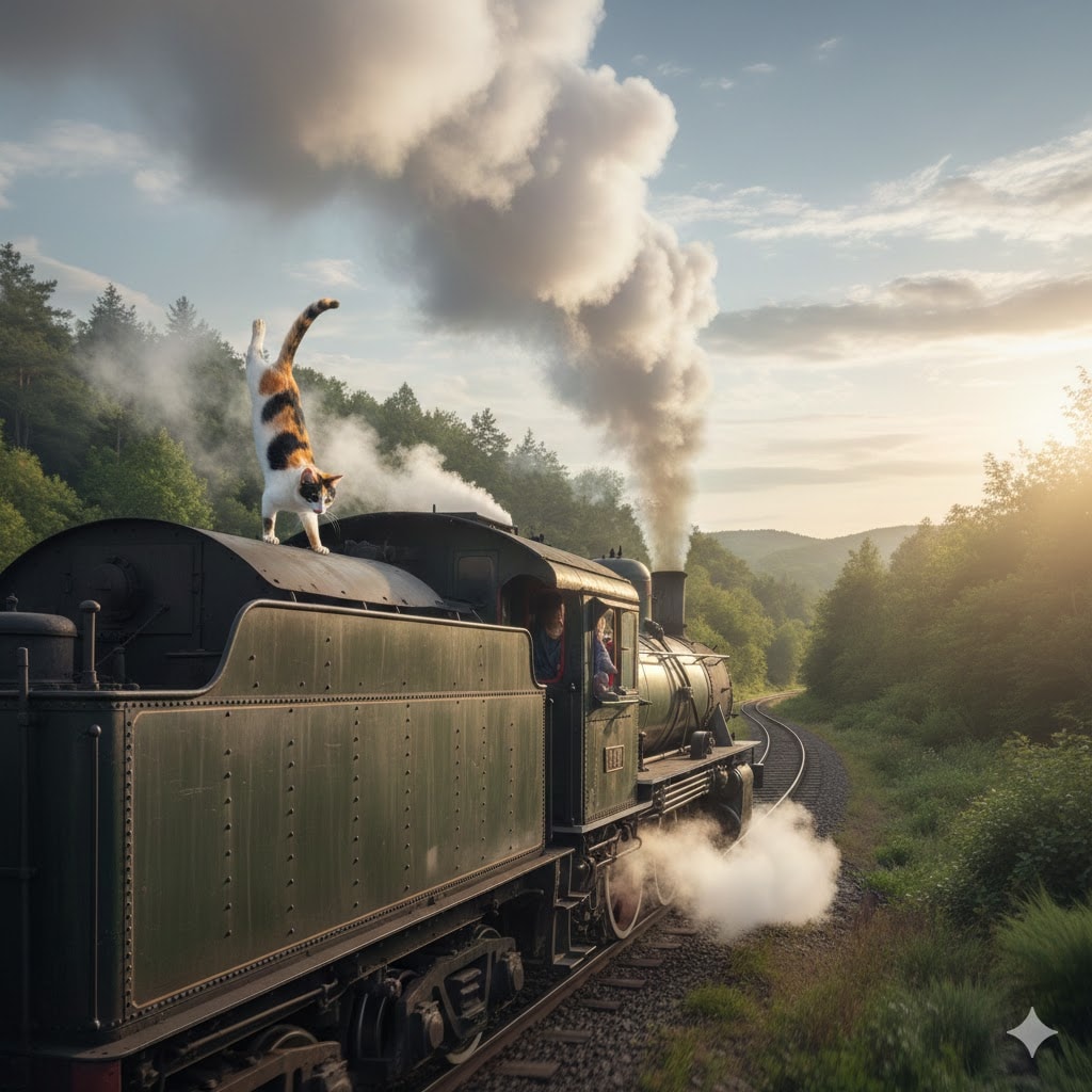 走るSLの上で猫が逆立ち | の人気AIイラスト・グラビア