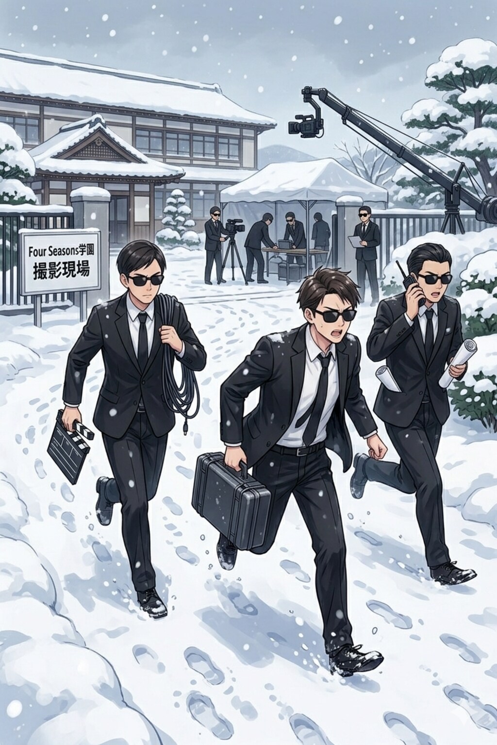 冬のシーンの撮影でバタつくスタッフ