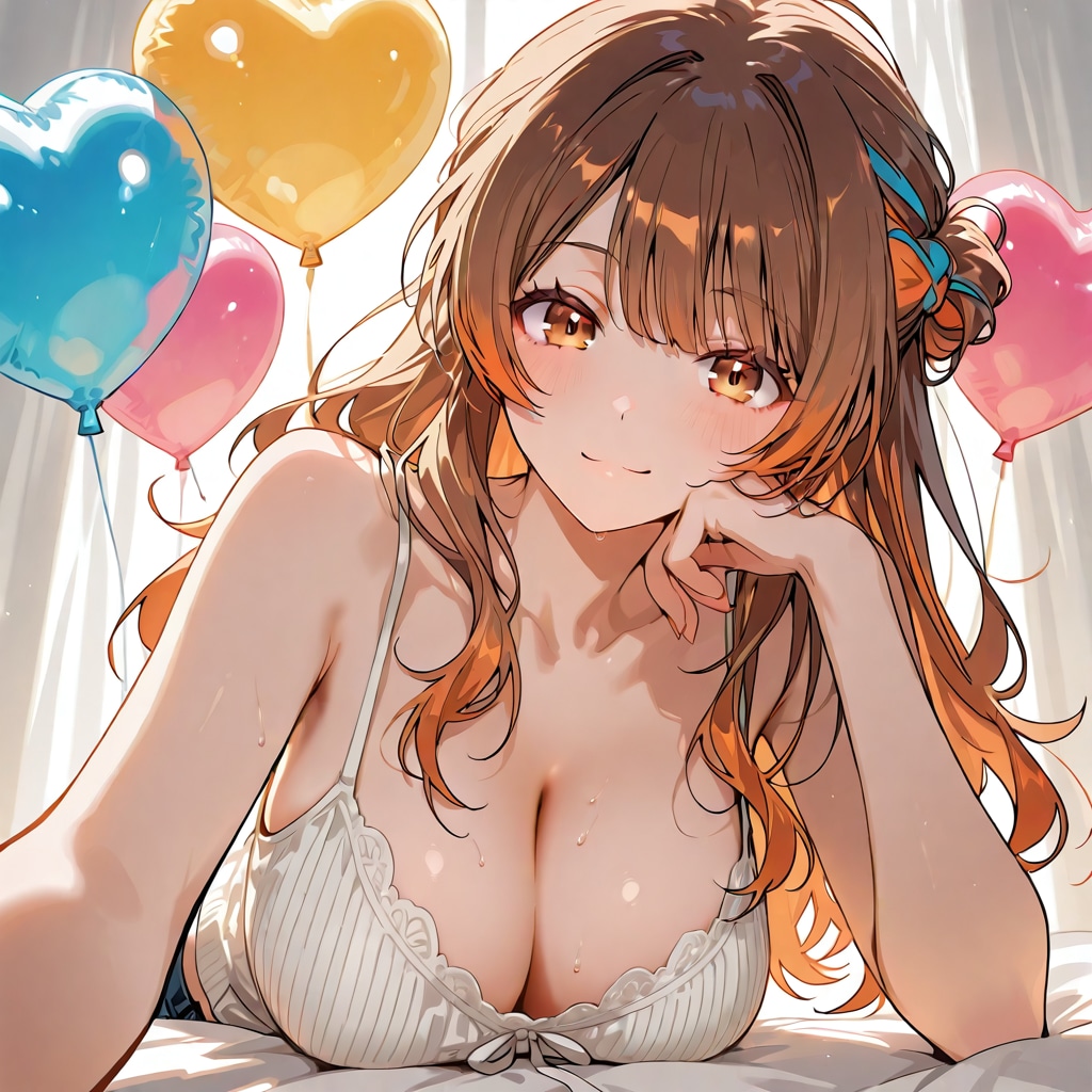 いっぱい色とりどりのハート風船を持つブラウンウェーブロングヘアーのキャミソール着た美女