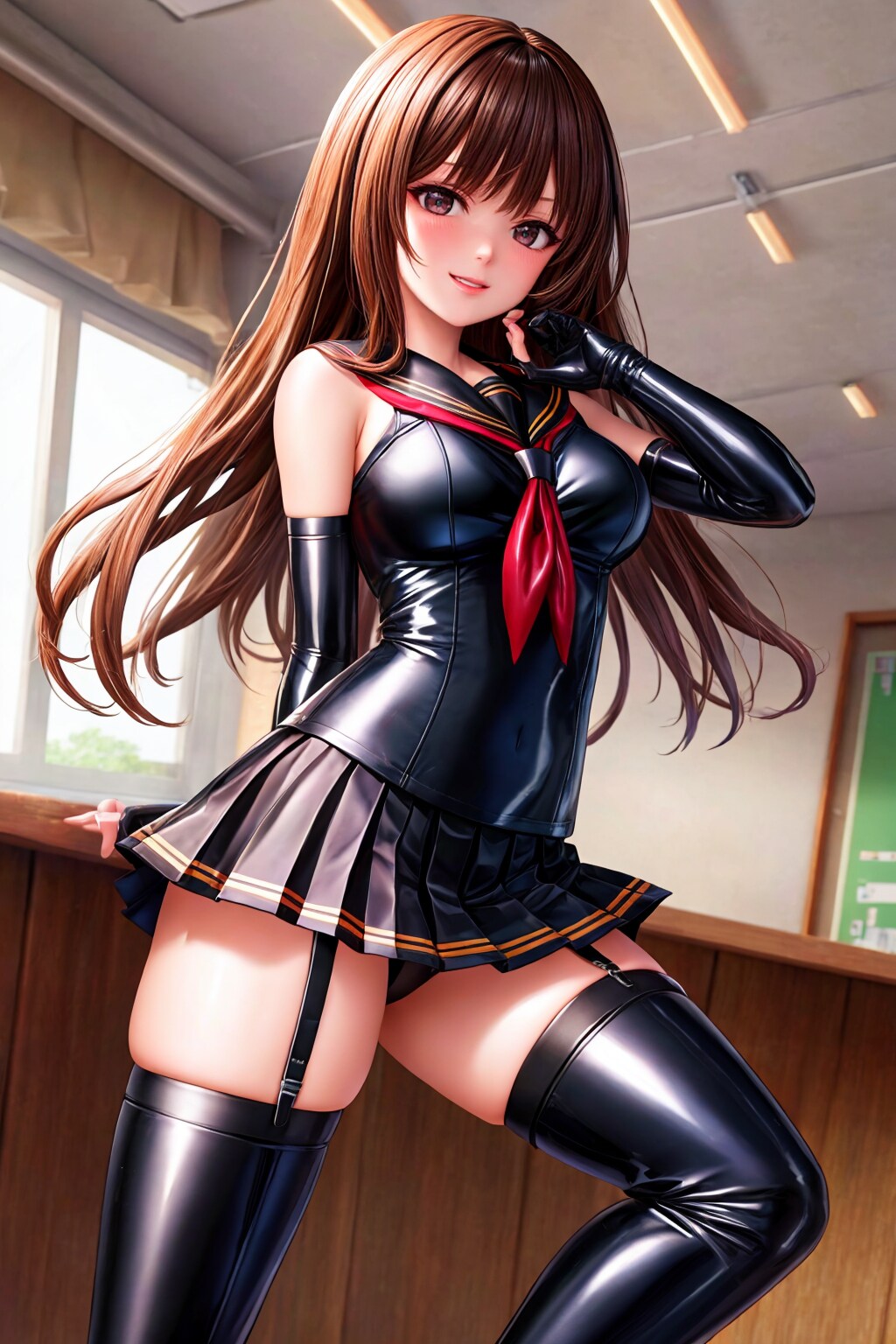 茶髪ロング ブラックラテックス ボンテージ セーラー