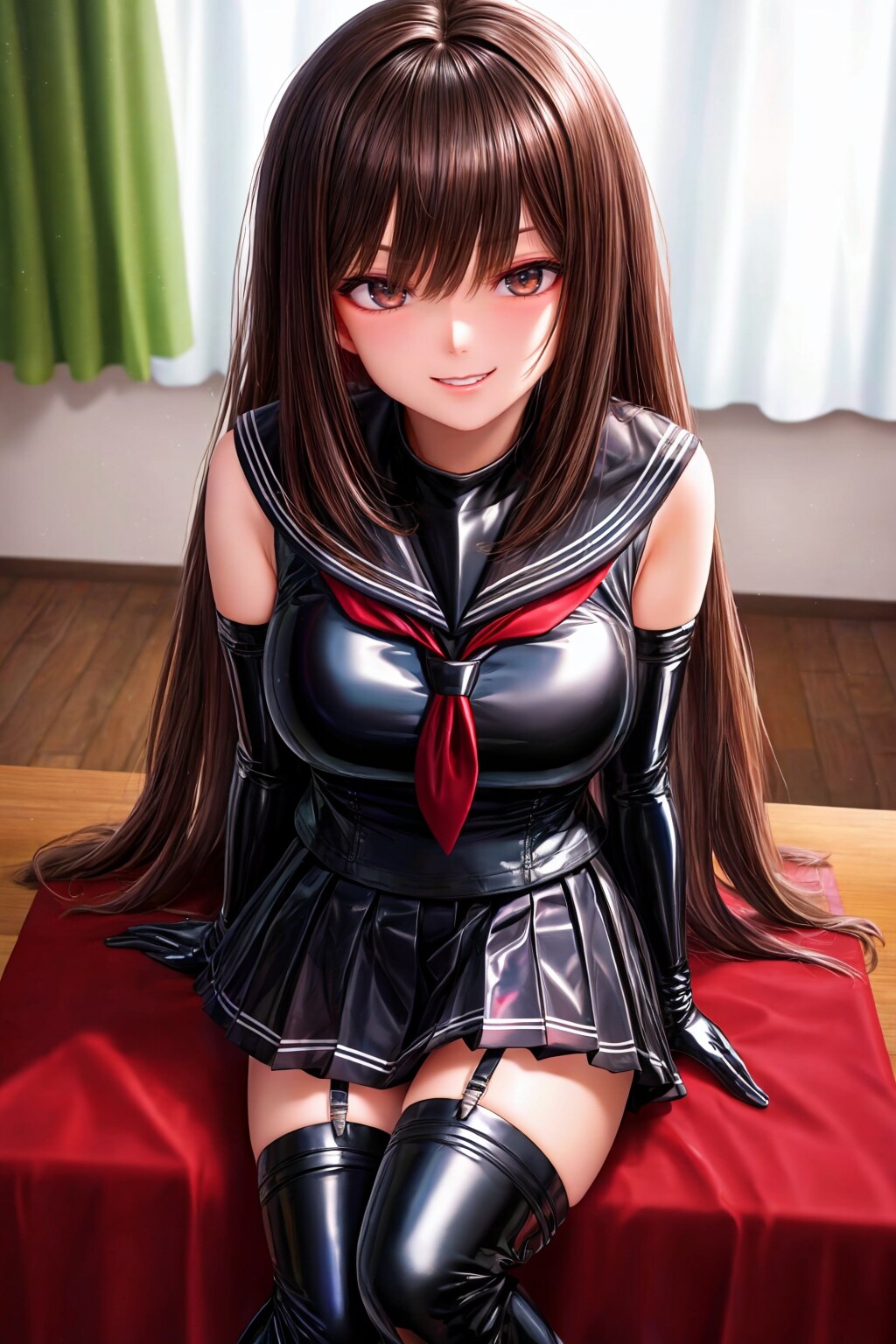 茶髪ロング ブラックラテックス ボンテージ セーラー