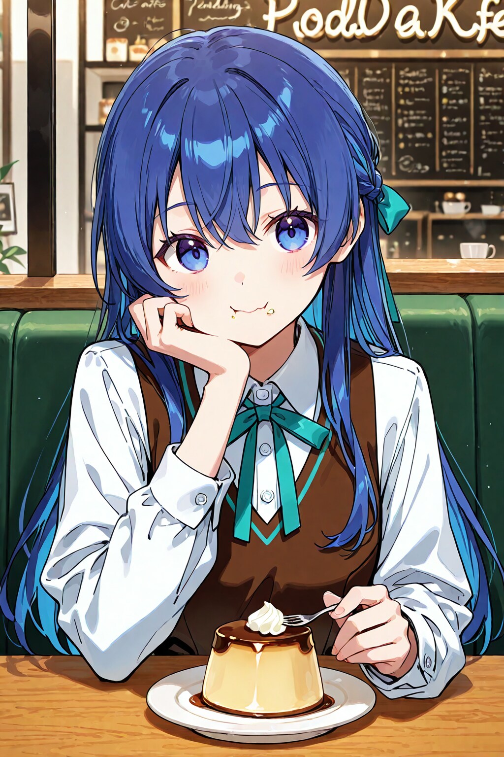 カフェでプリンを食べている少女