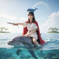 イルカに乗ったクジラを頭の上に乗せている少女 2枚目