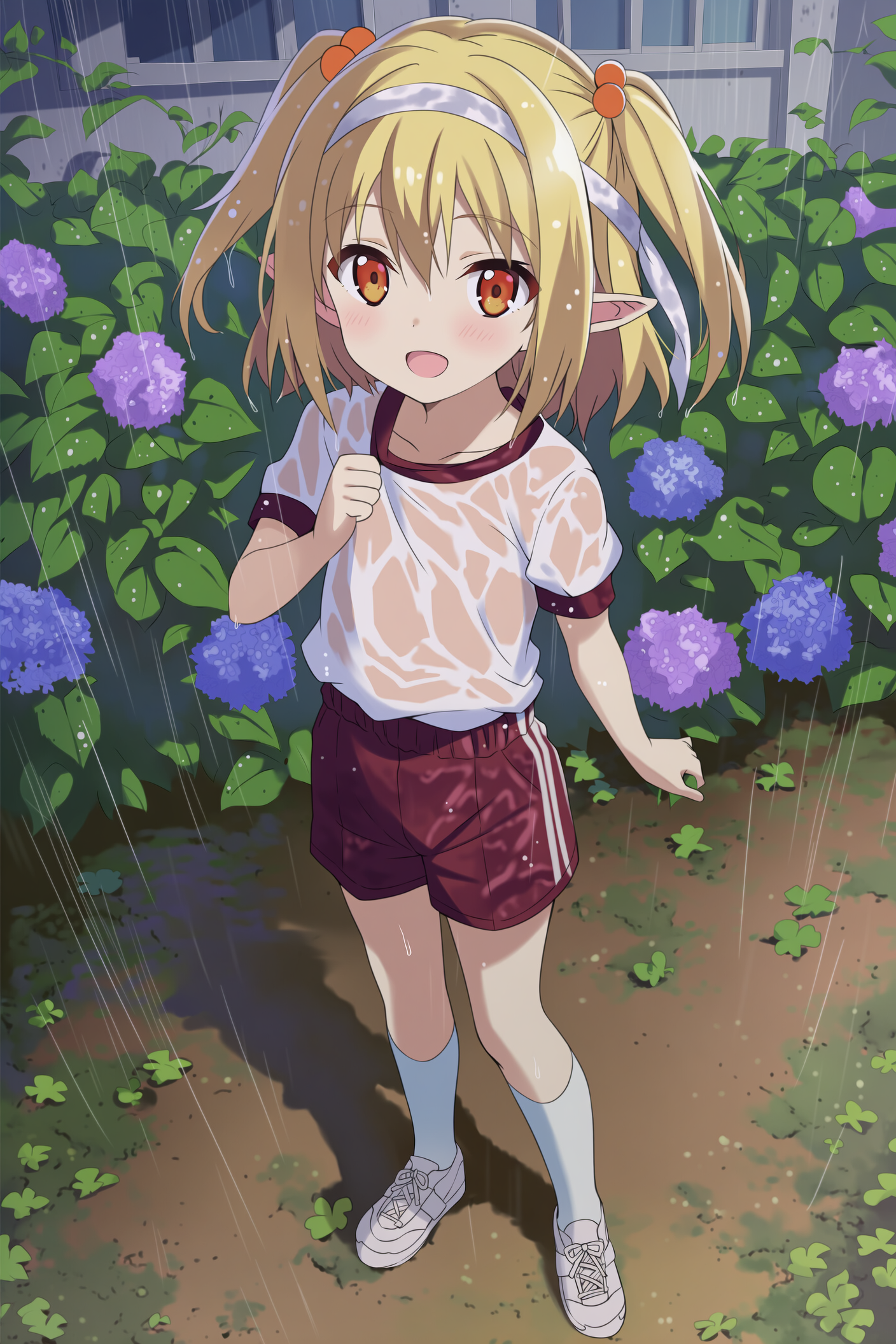 雨の中の体操着エルフさん