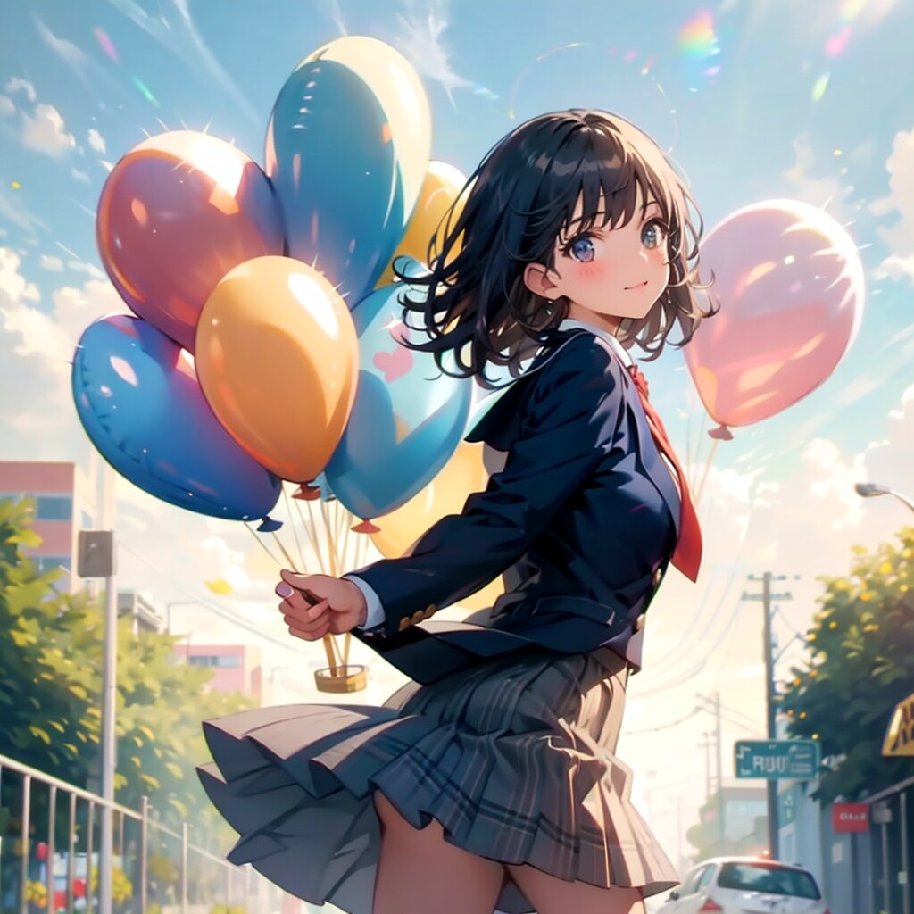 いっぱい色とりどりの風船を持つ黒髪ロングのブレザーの制服着た美少女