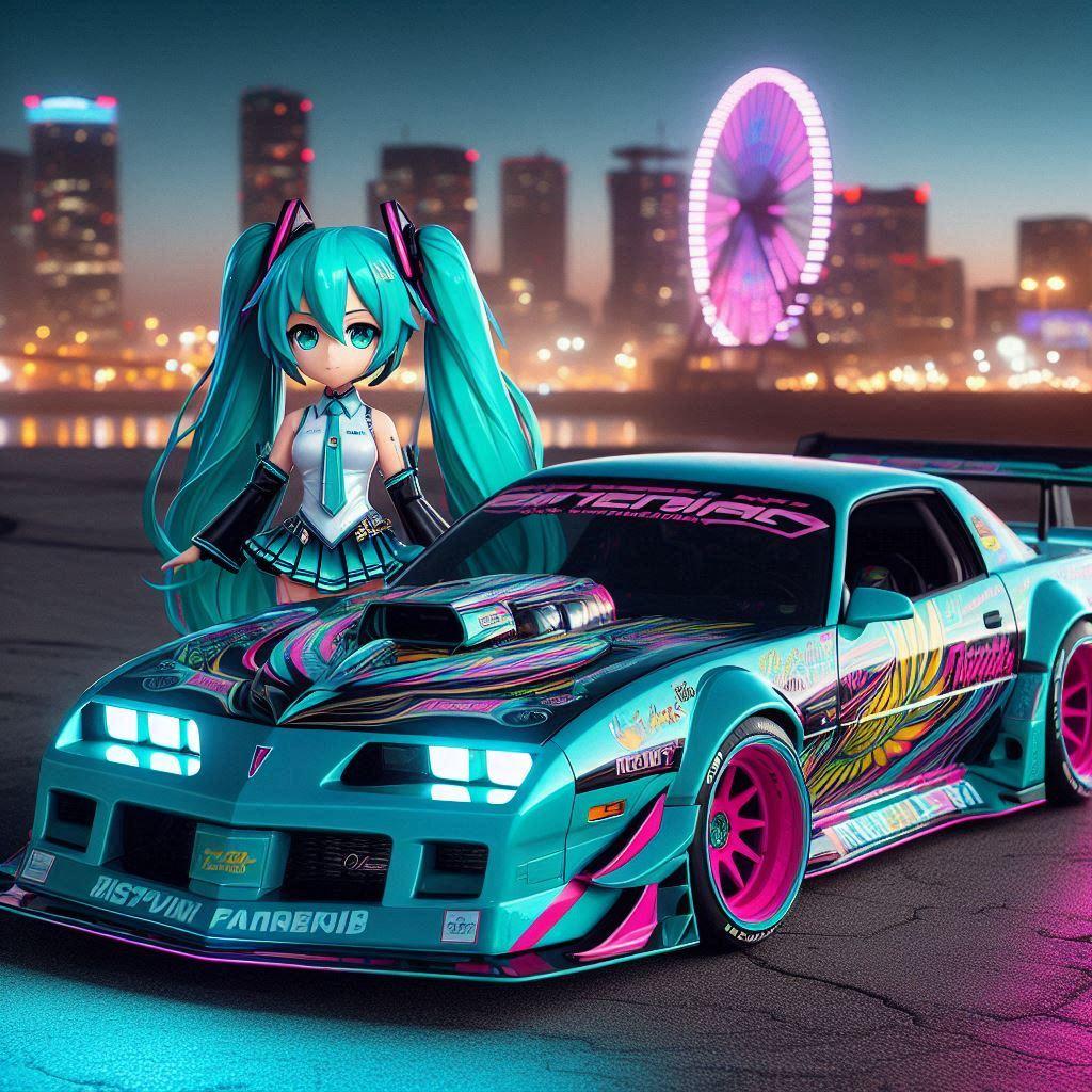 初音ミクカラーのポンティアックファイヤーバードトランザムのドリ車 | の人気AIイラスト・グラビア