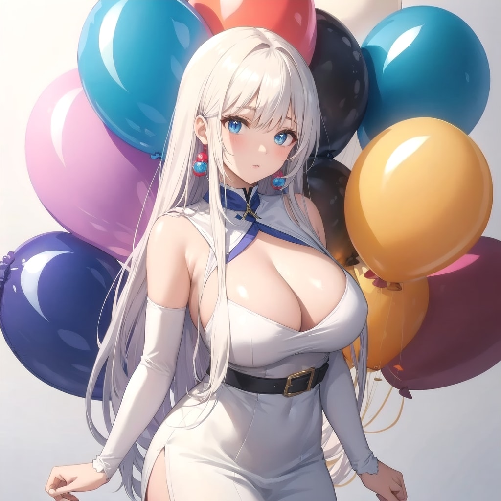 いっぱい色とりどりの風船を持つ白い髪ロングの白衣の服着た美女 | の人気AIイラスト・グラビア