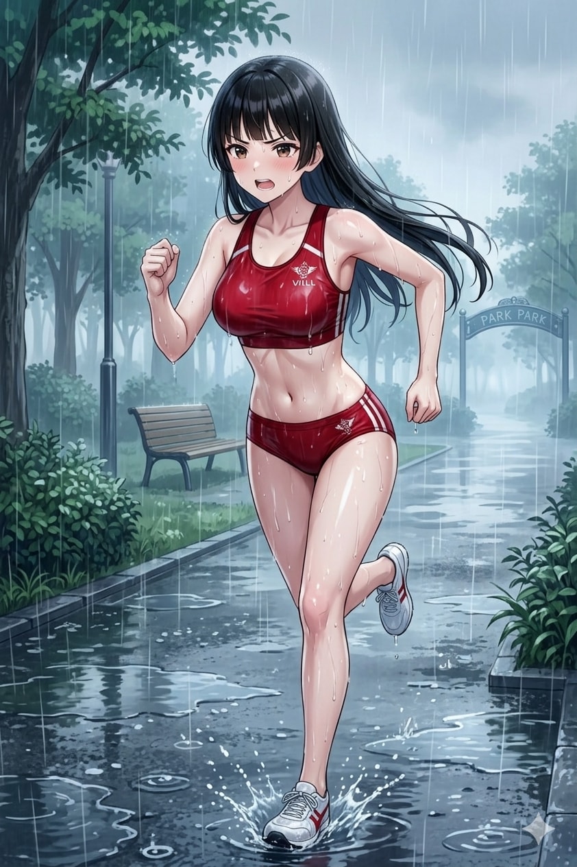 雨の中ランニングするサキちゃん