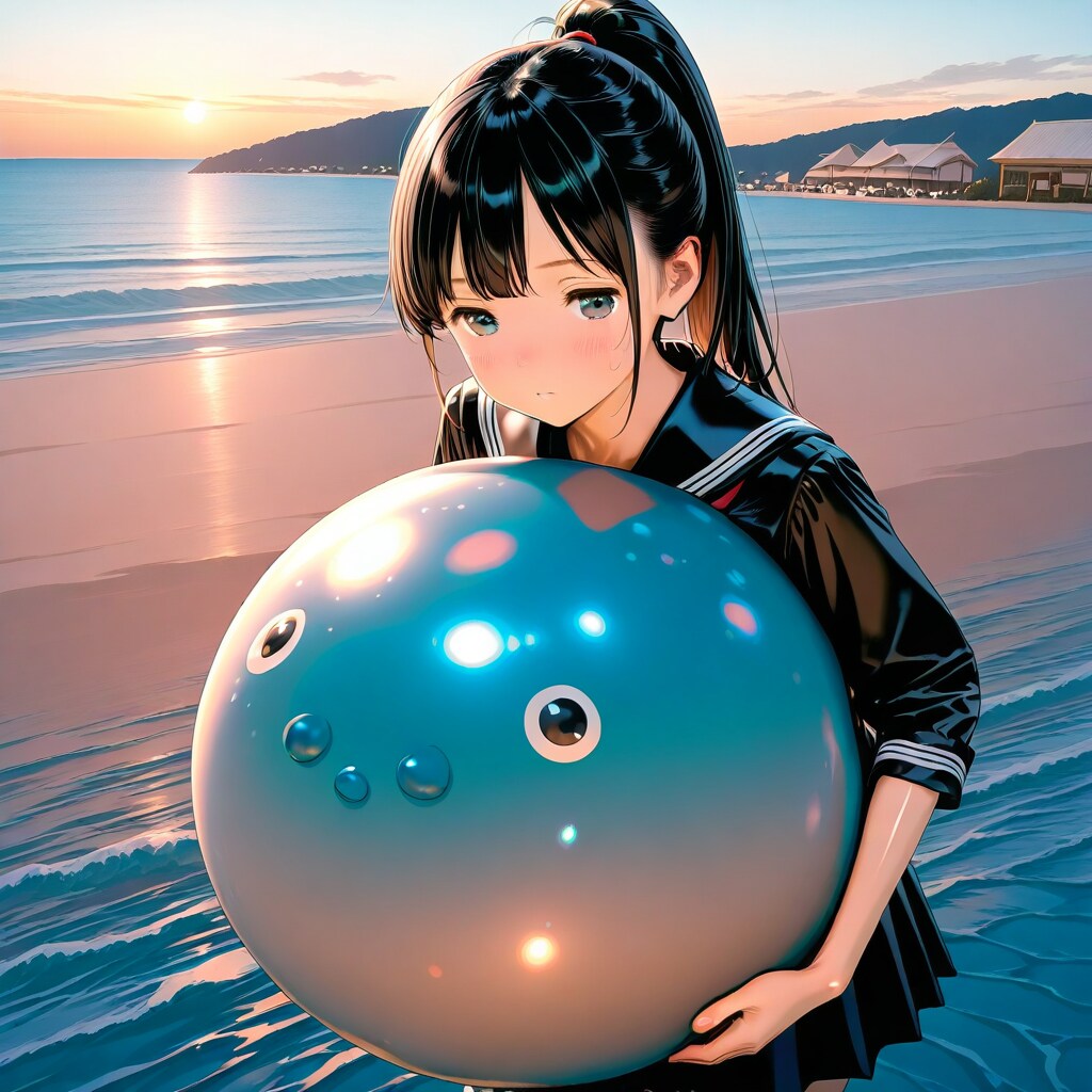 海辺で青いキャラ風船を持つ黒髪ポニーテールのセーラー服の美少女