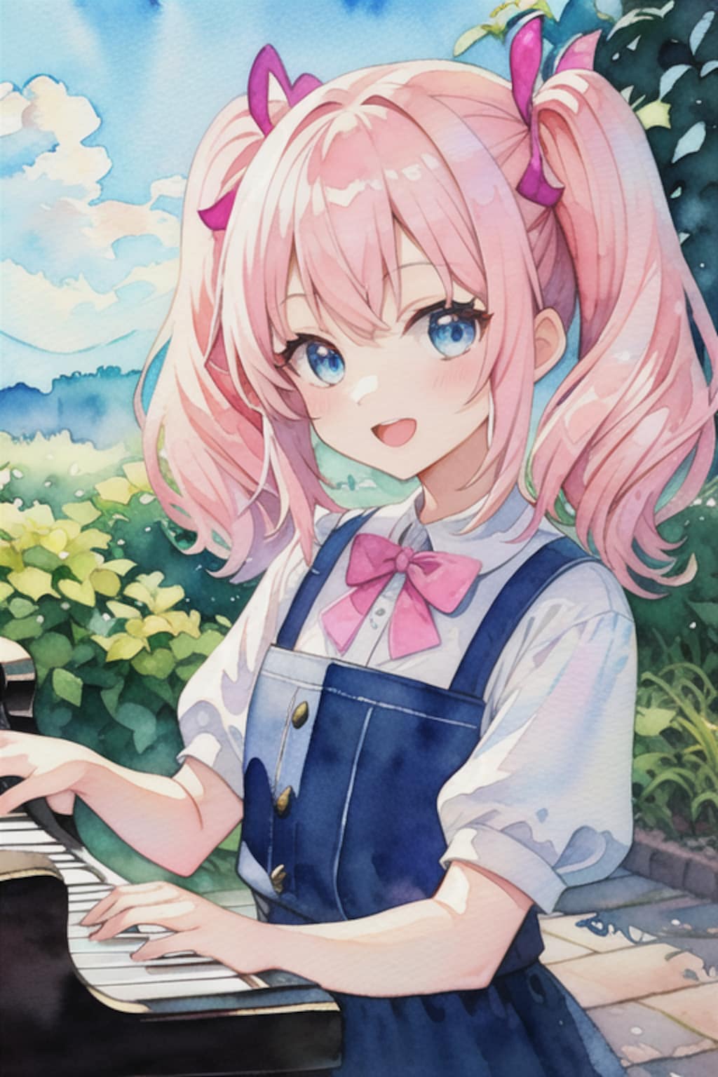 ピアノを彈く花音ちゃん(水彩画風)