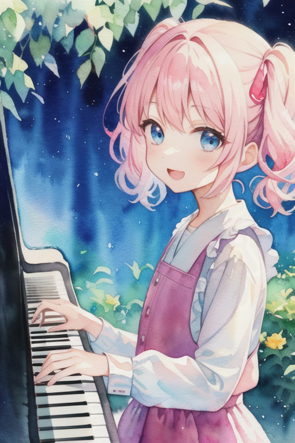 ピアノを彈く花音ちゃん(水彩画風)