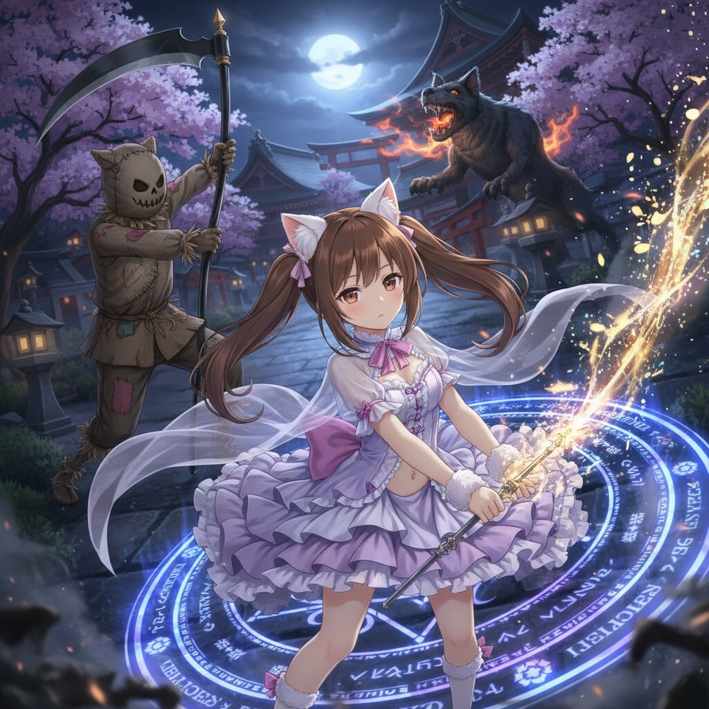 茶ツイにゃん。夜桜案山子