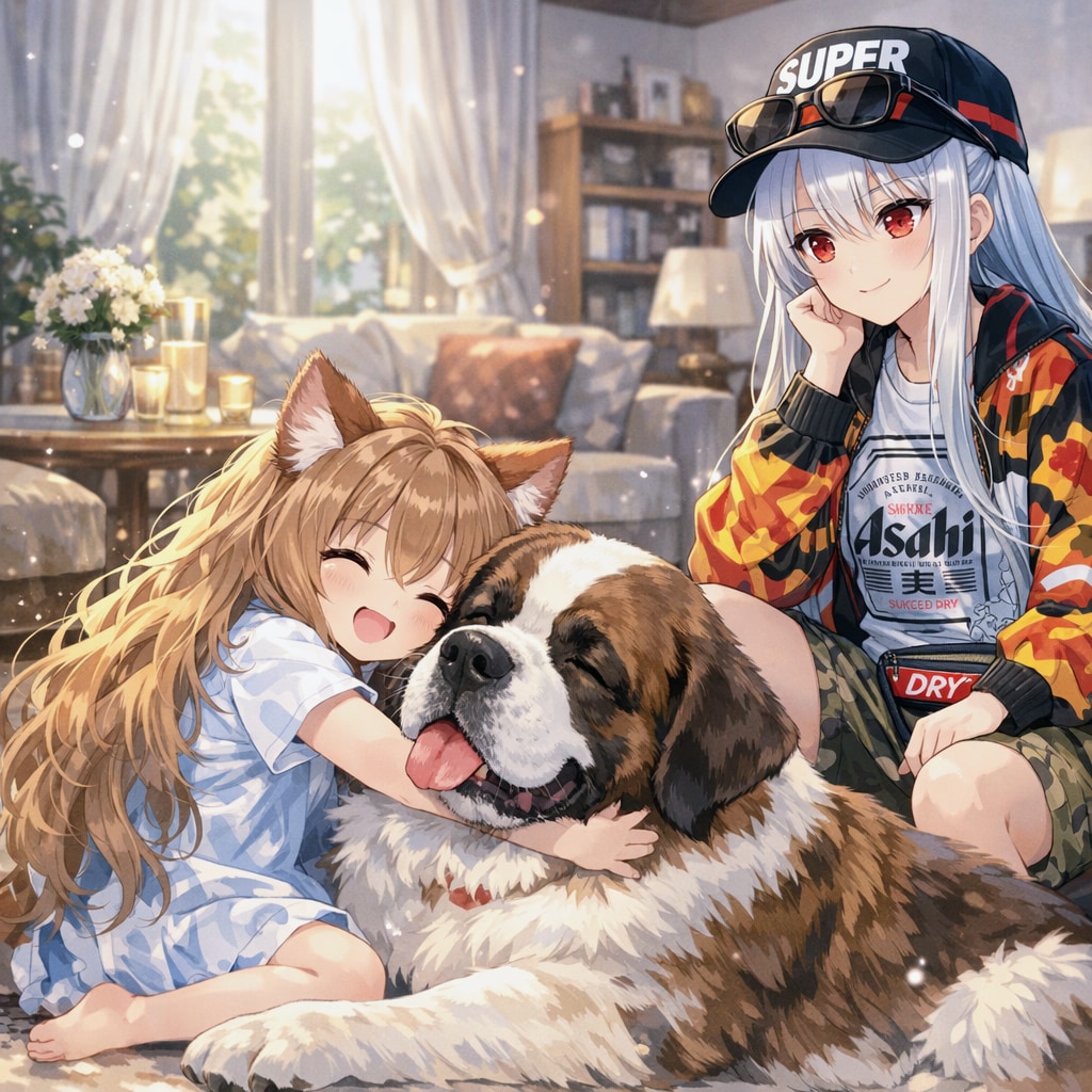 セント・バーナードを抱きしめる小さな女の子