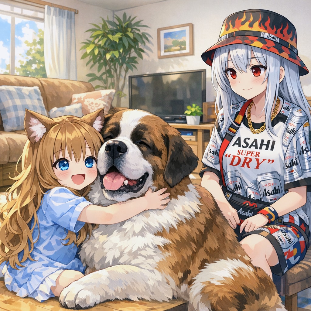 セント・バーナードを抱きしめる小さな女の子