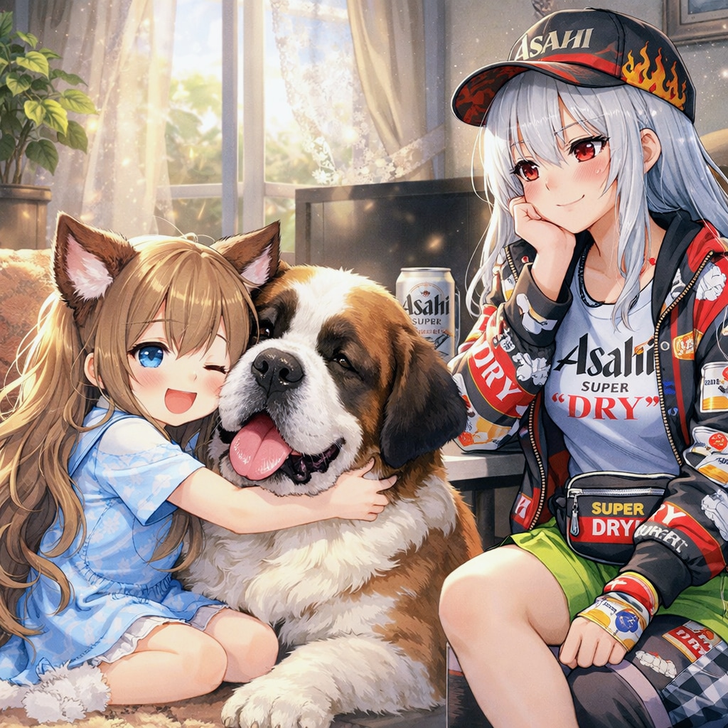 セント・バーナードを抱きしめる小さな女の子