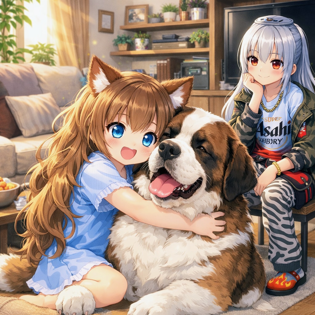 セント・バーナードを抱きしめる小さな女の子