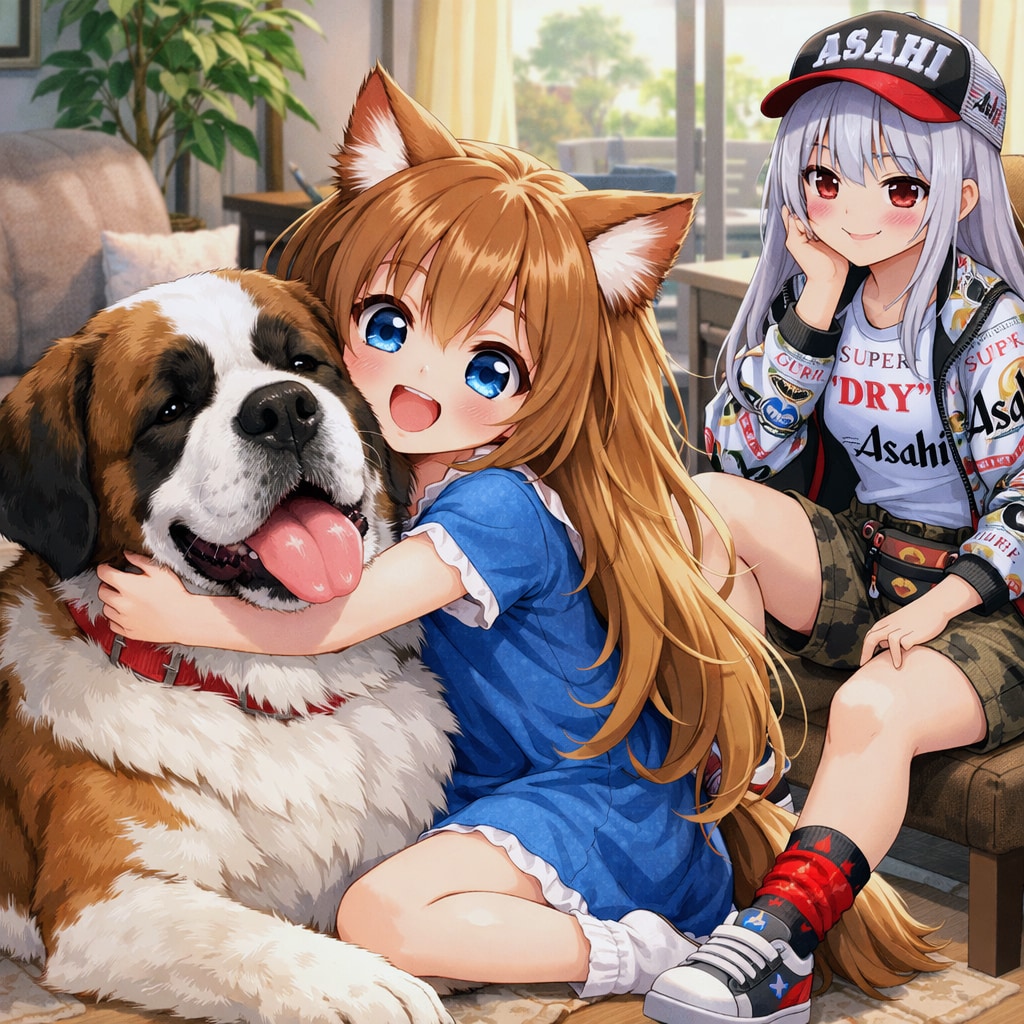 セント・バーナードを抱きしめる小さな女の子