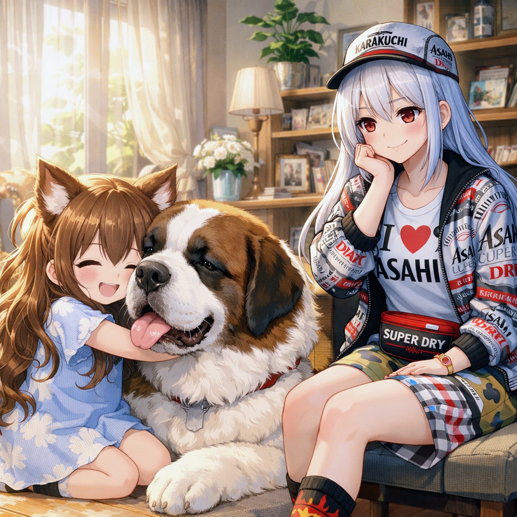 セント・バーナードを抱きしめる小さな女の子