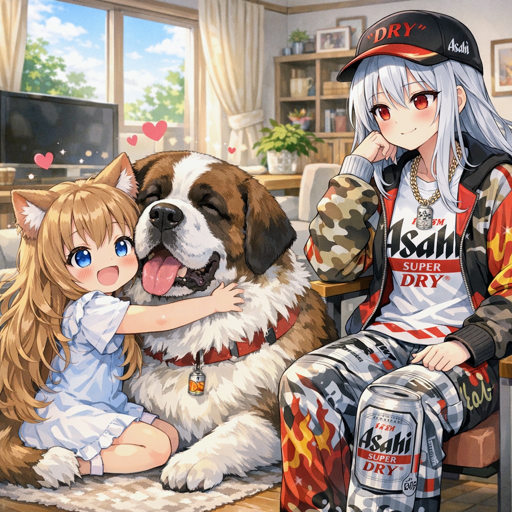 セント・バーナードを抱きしめる小さな女の子