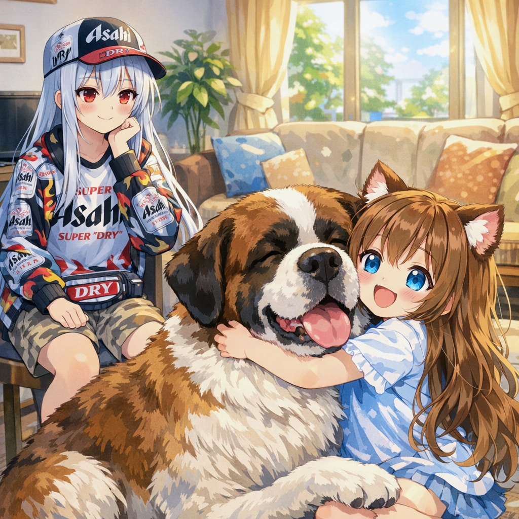 セント・バーナードを抱きしめる小さな女の子