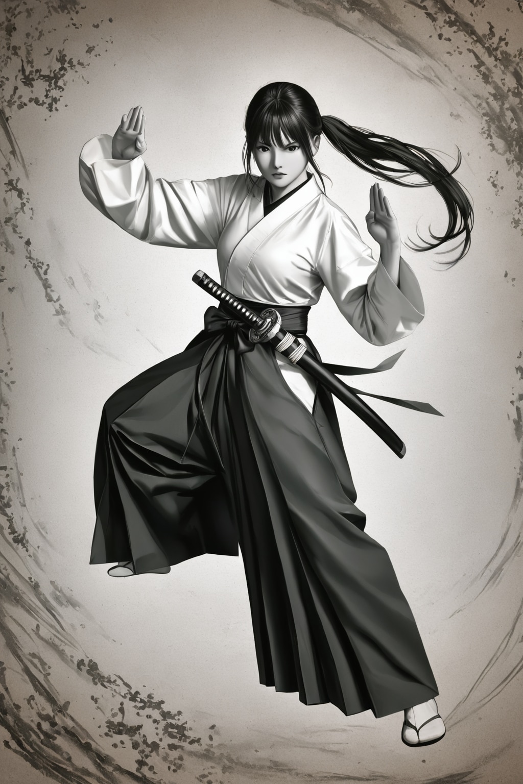 水墨画の女武士