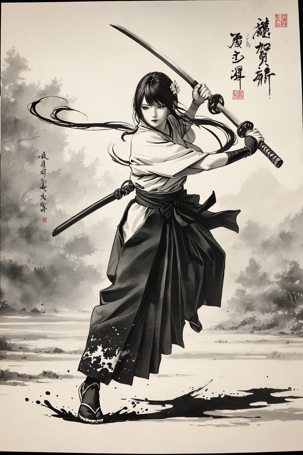 水墨画の女武士