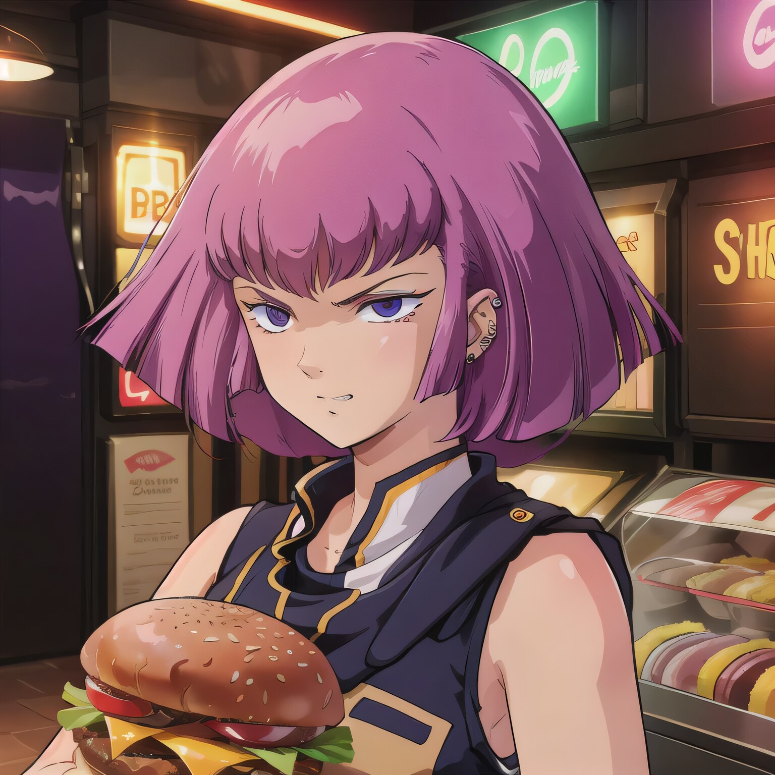 紫髪ボブで接客中の少女 | の人気AIイラスト・グラビア