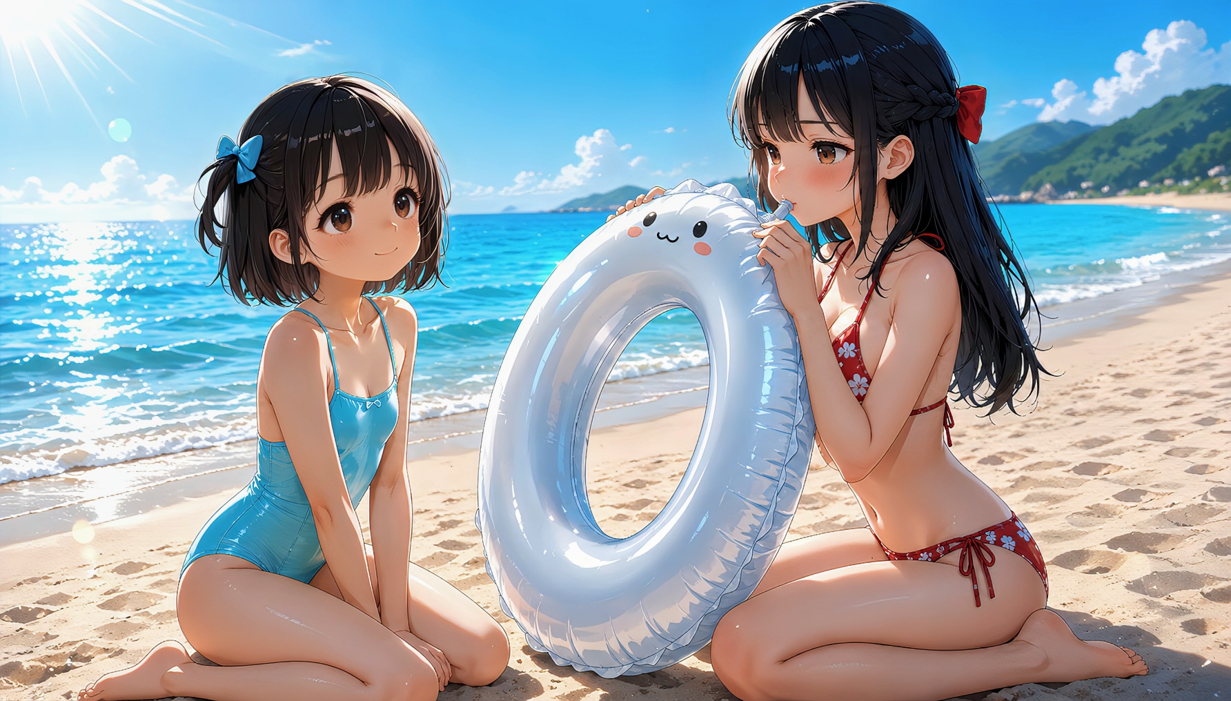 姉が膨らます夏の浮き輪