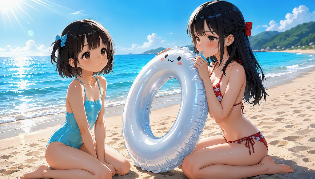 姉が膨らます夏の浮き輪