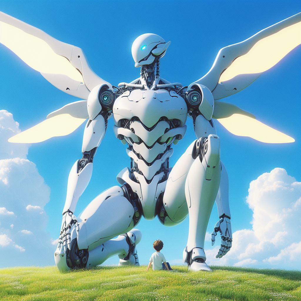 少年と光る翼を持った巨大ロボ