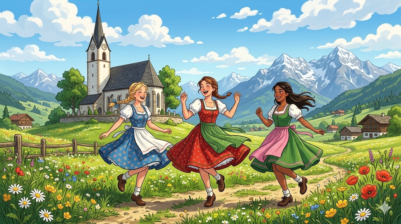 「お試し生成」ディアンドル衣装を着て踊る３人の少女　ーアニメーションスタイルー | の人気AIイラスト・グラビア