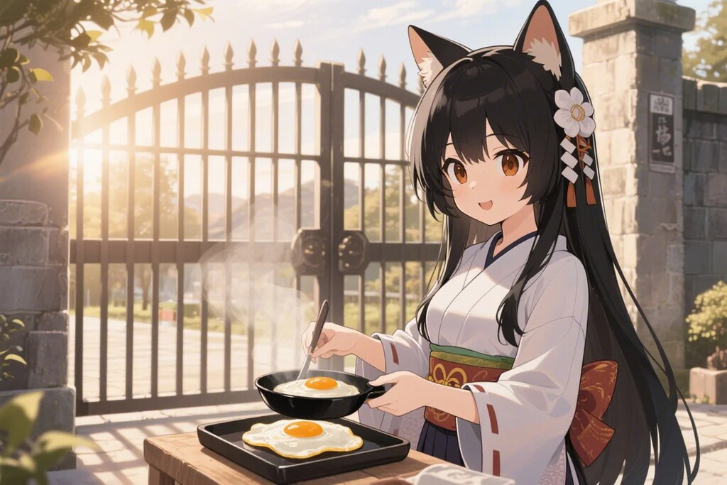 刑務所の門の前で目玉焼きを作るさくらちゃん