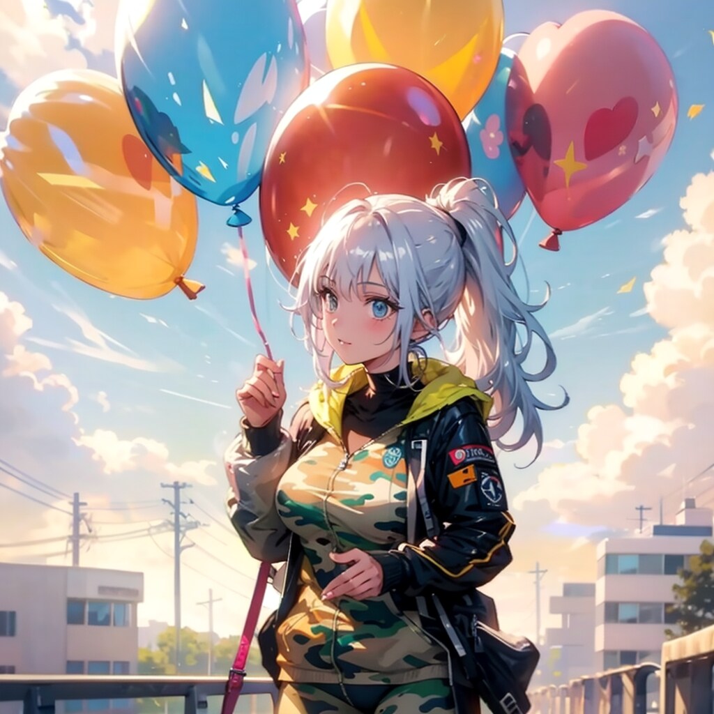 いっぱい色とりどりの風船を持つ銀髪ポニーテールの迷彩服着た美女