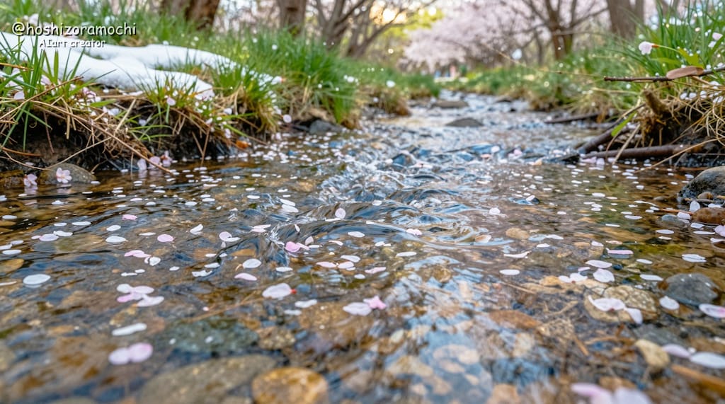 雪解けの小川と流れる花びら
