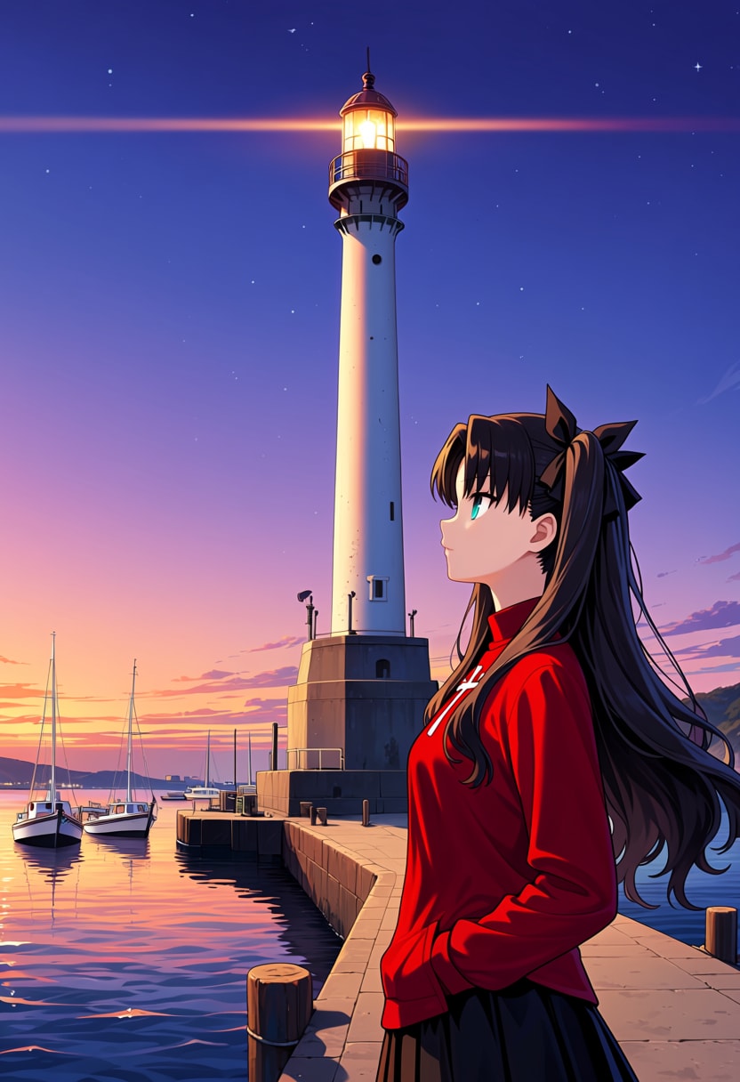 灯台と星空の夜