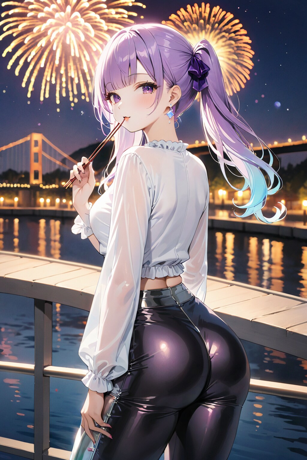 花火が綺麗ですよご主人様❤絵梨奈次は焼きそば屋さんの屋台で焼きそば食べたいです❤だめですか？ | の人気AIイラスト・グラビア