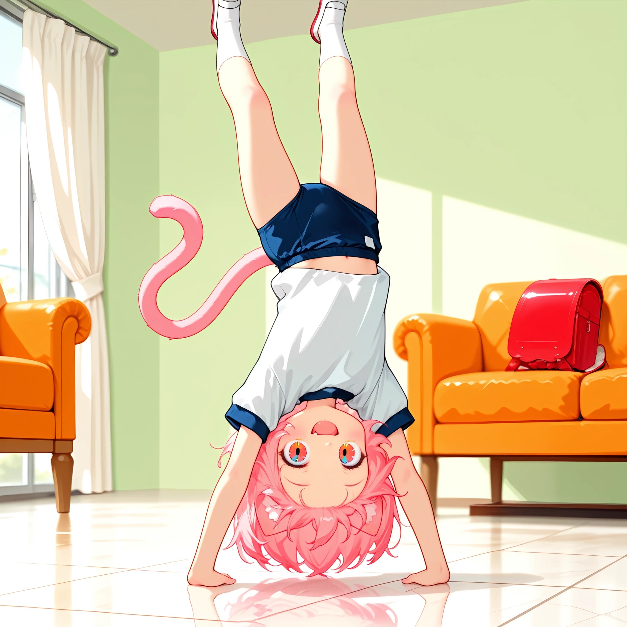 居間で逆立ち（危険）　猫耳さん（幼）