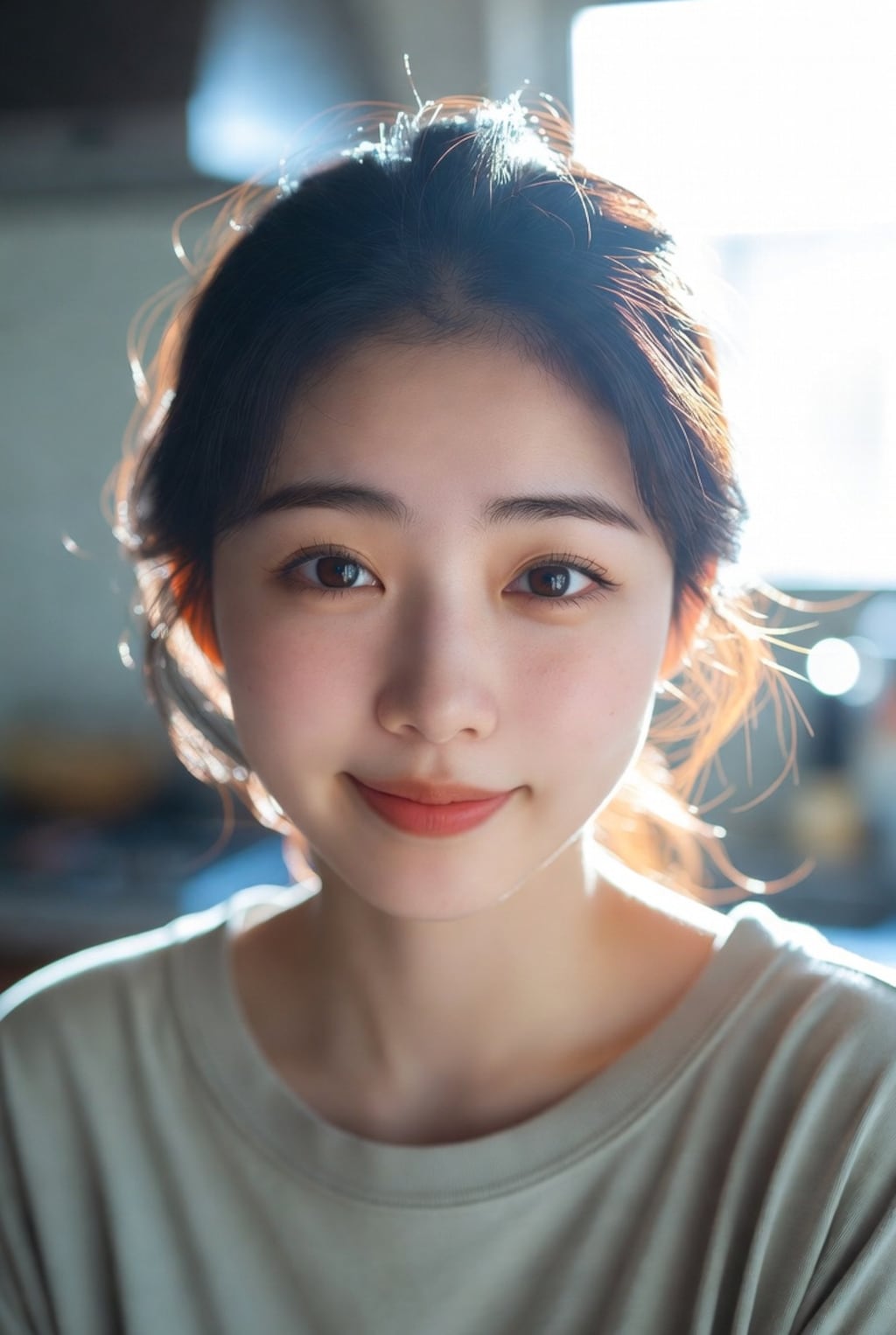 黒髪ロングでティーシャツの美女