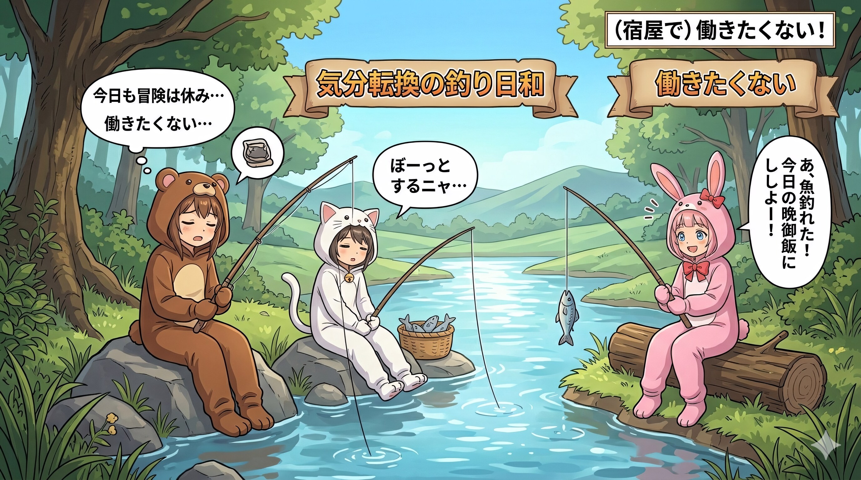 【All0506b】今日も朝からみんなのやる気が出ない、今日は気分転換で川に魚を釣りに行くことにした。（NanoBanana2）