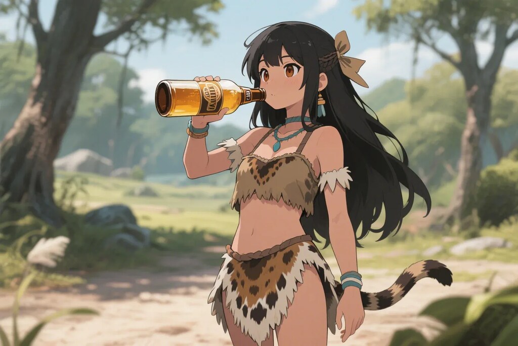 瓶ビールを飲む石器時代のさくらちゃん