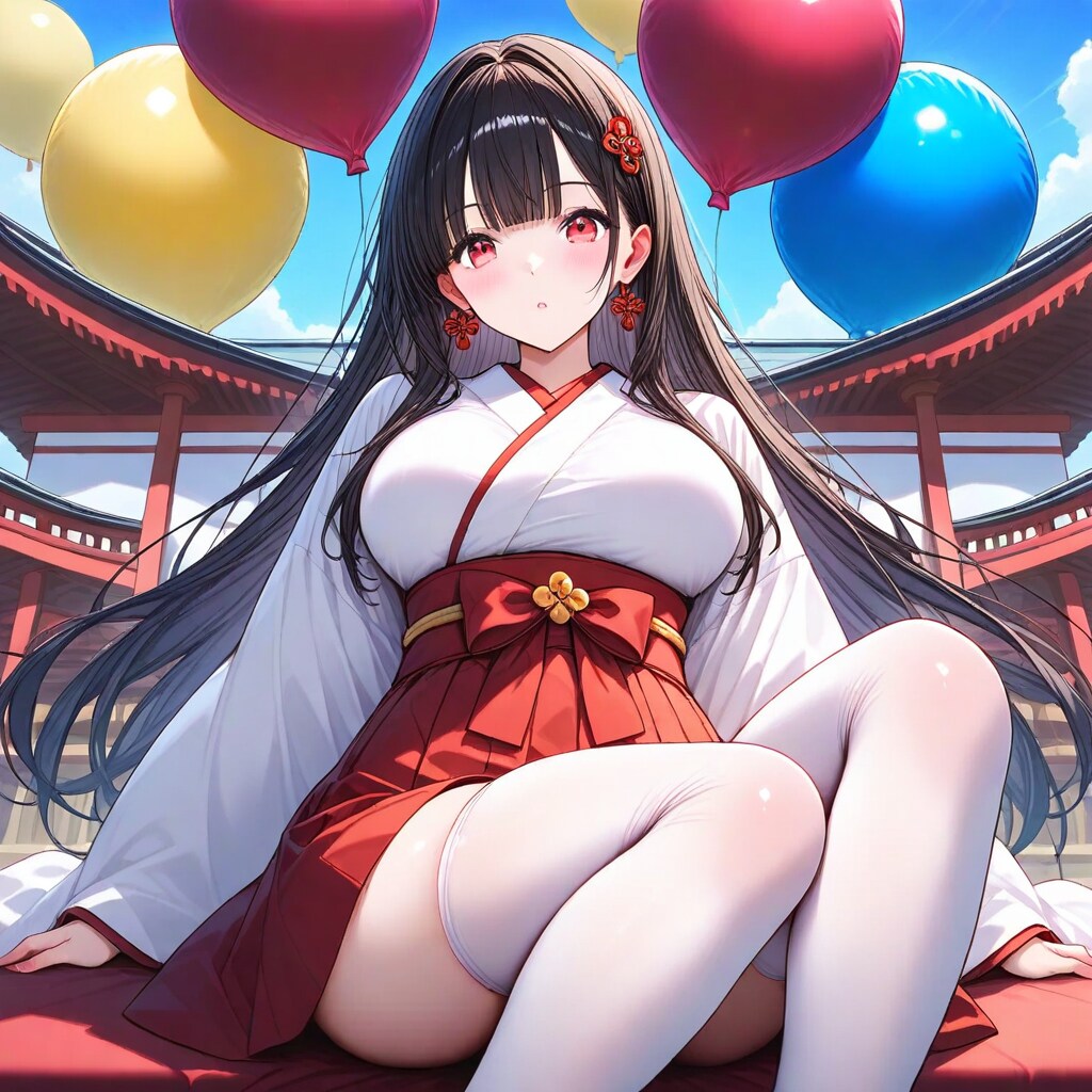 神社の中で巨大風船をいっぱい膨らませる黒髪ロングの巫女服の美女