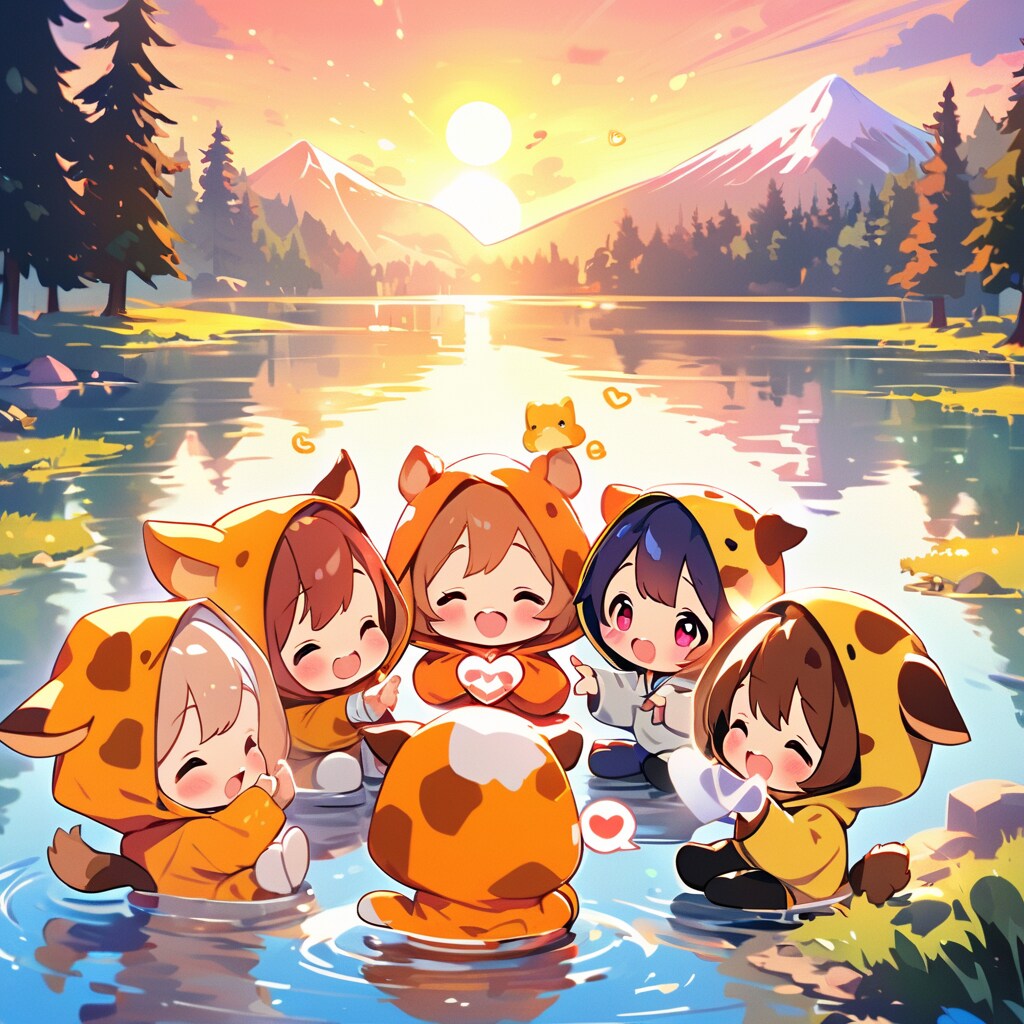 夕日と山と森を映し込む大きな湖とキリン着ぐるみちび子ちゃん