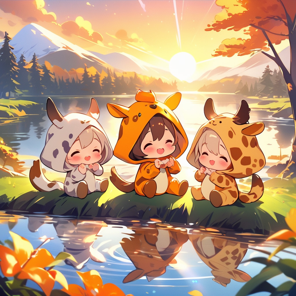 夕日と山と森を映し込む大きな湖とキリン着ぐるみちび子ちゃん