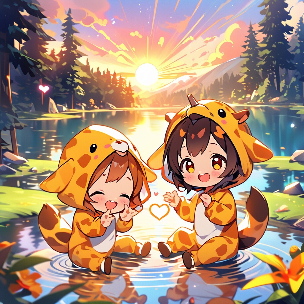 夕日と山と森を映し込む大きな湖とキリン着ぐるみちび子ちゃん