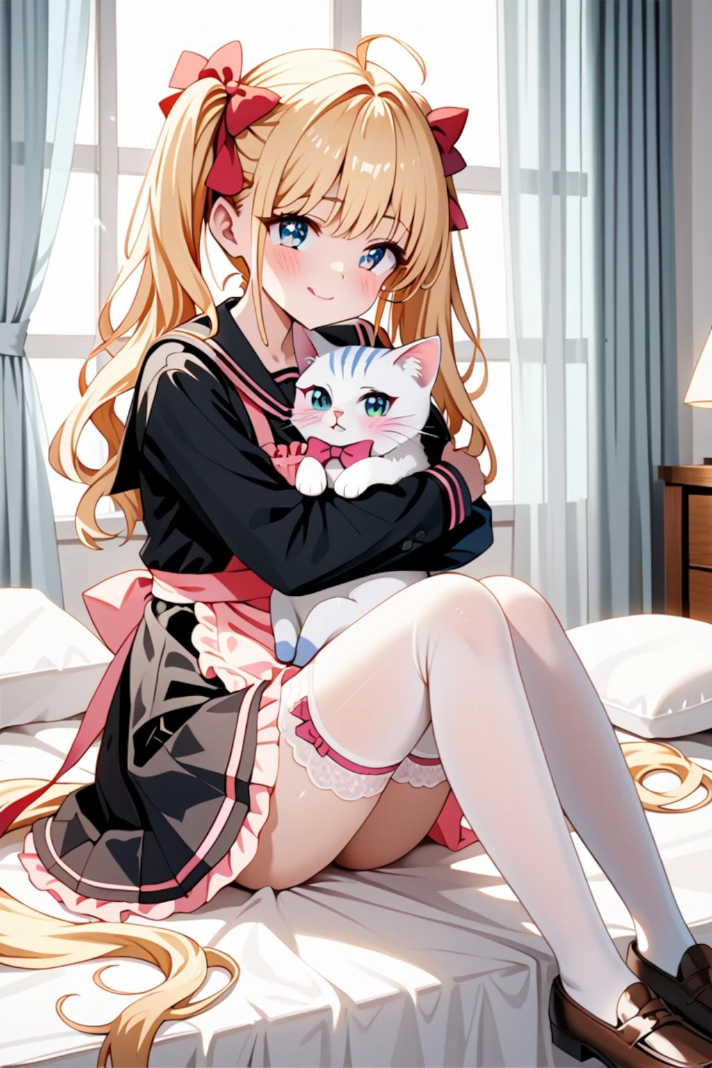 「一緒に撫でよ？♡」猫耳メイド金髪ツインテ莉奈と白猫の癒しタイム🐱