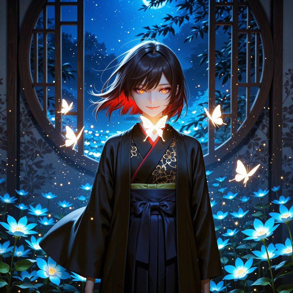 夜に輝く花と輝く蝶と着物美人