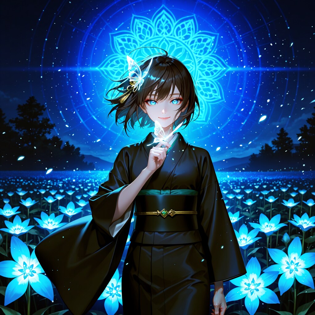 夜に輝く花と輝く蝶と着物美人