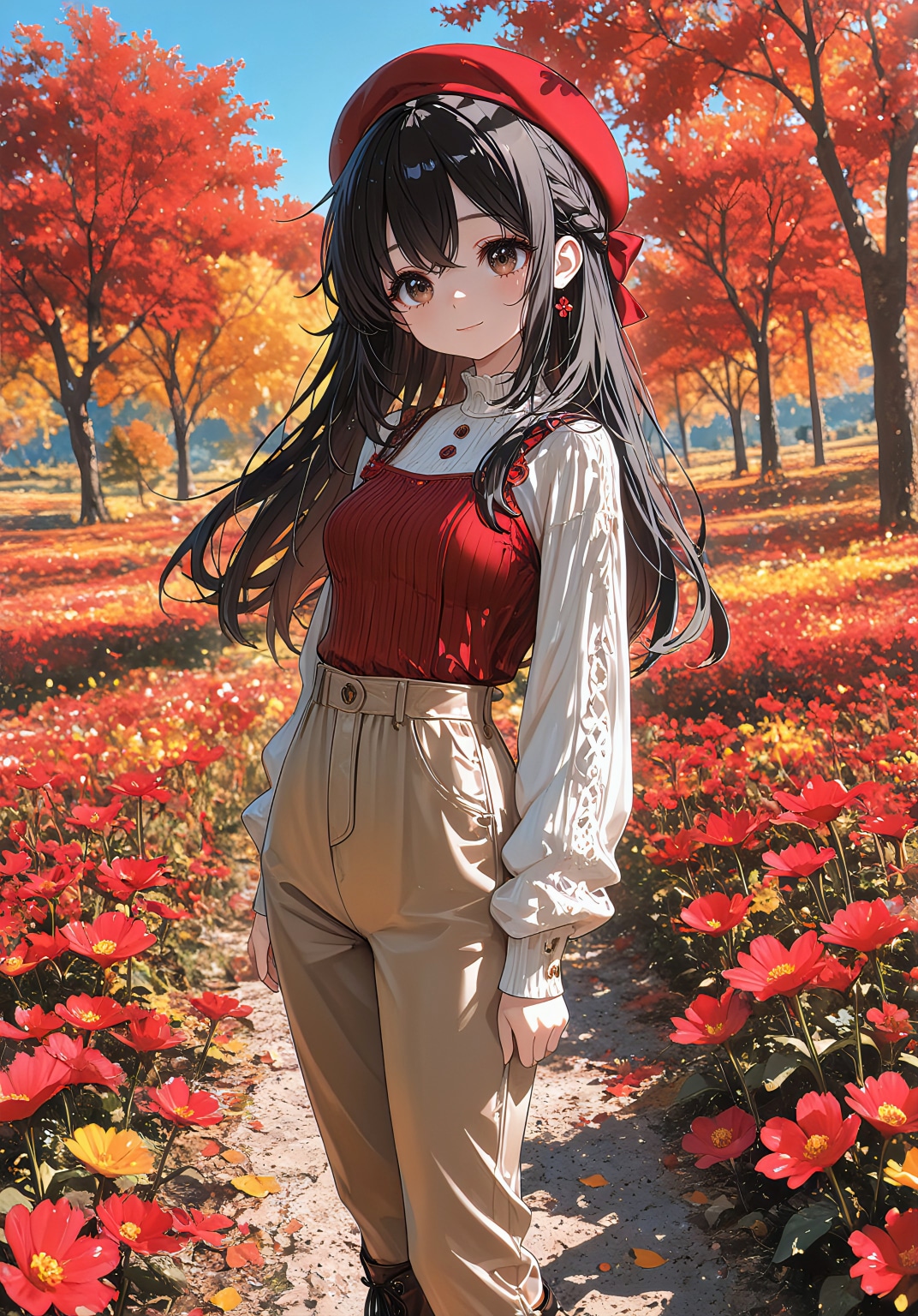 紅葉の中の秋色パンツスタイル