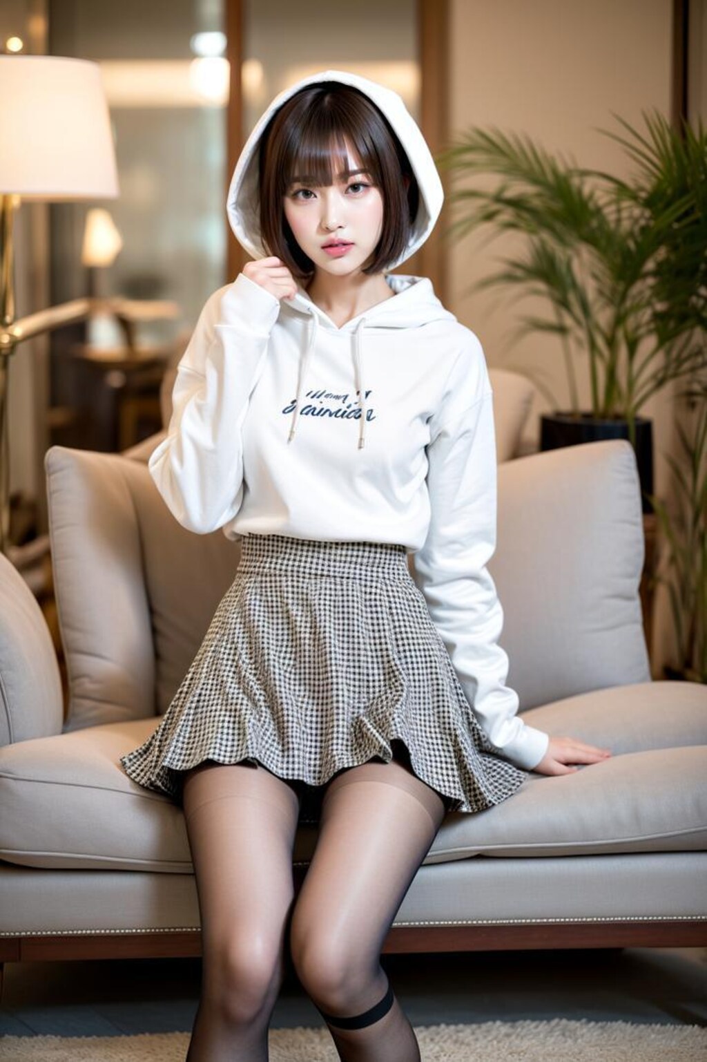 ボブカット&フーディ&千鳥柄スカート&美脚という最強のバランス1 - The best balance of bob cut, hoodie, houndstooth pattern skirt, a