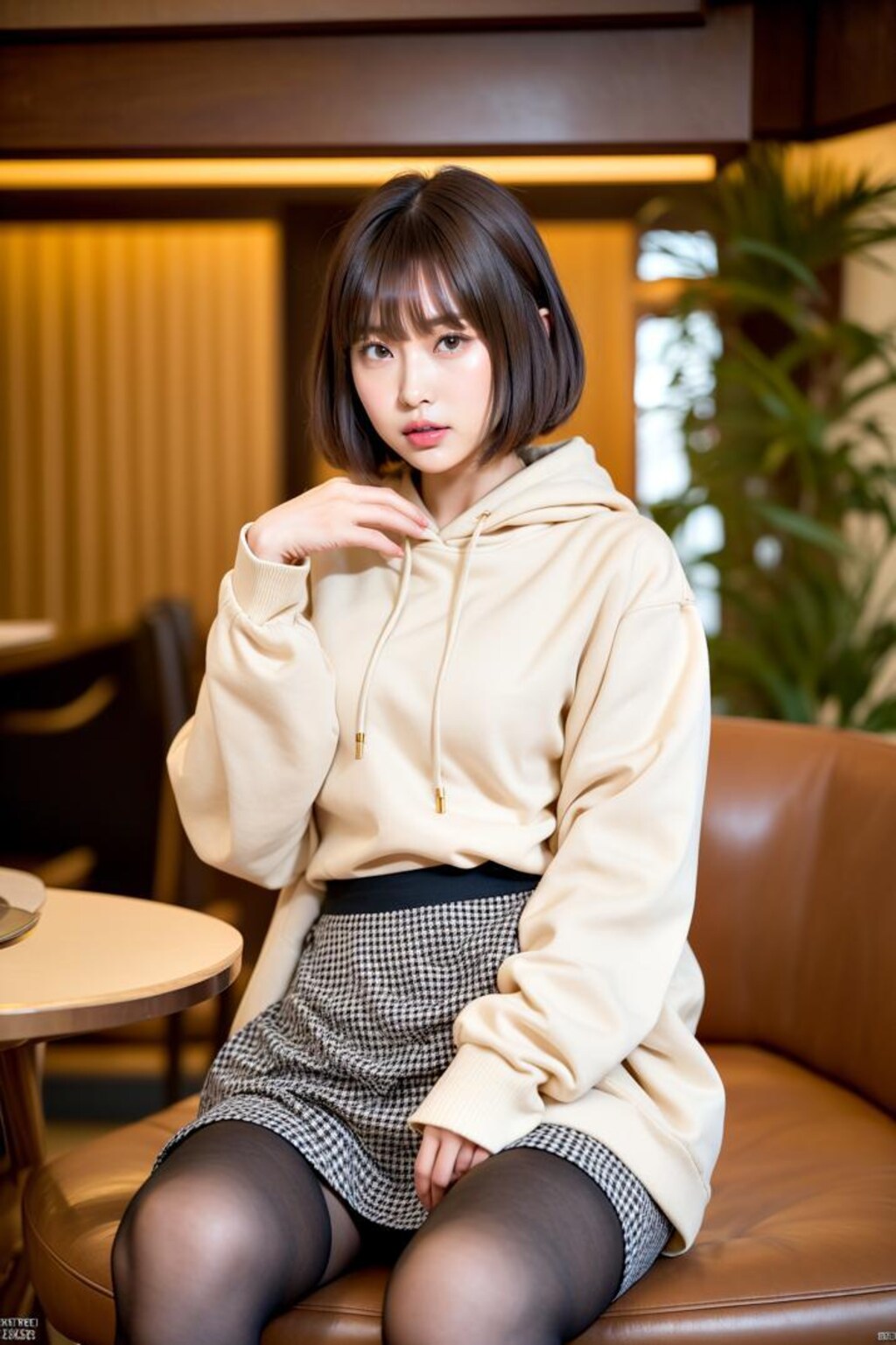 ボブカット&フーディ&千鳥柄スカート&美脚という最強のバランス1 - The best balance of bob cut, hoodie, houndstooth pattern skirt, a